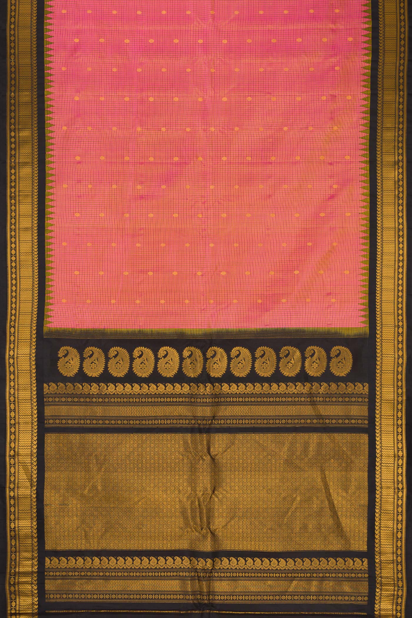 Flat view of Pink Dual Tone Gadwal Silk Saree with Checked design on the body and Temple Border. 