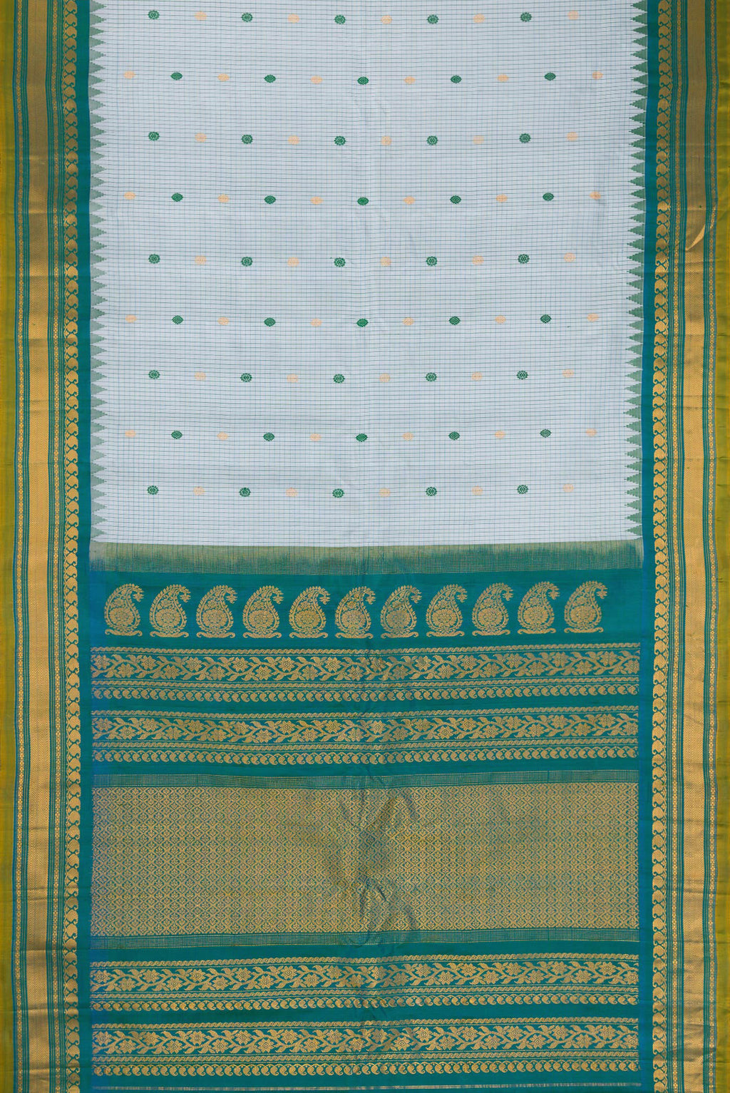 Flat view of Maya Blue Gadwal Silk Saree with Checked design on the body and Temple Border. 