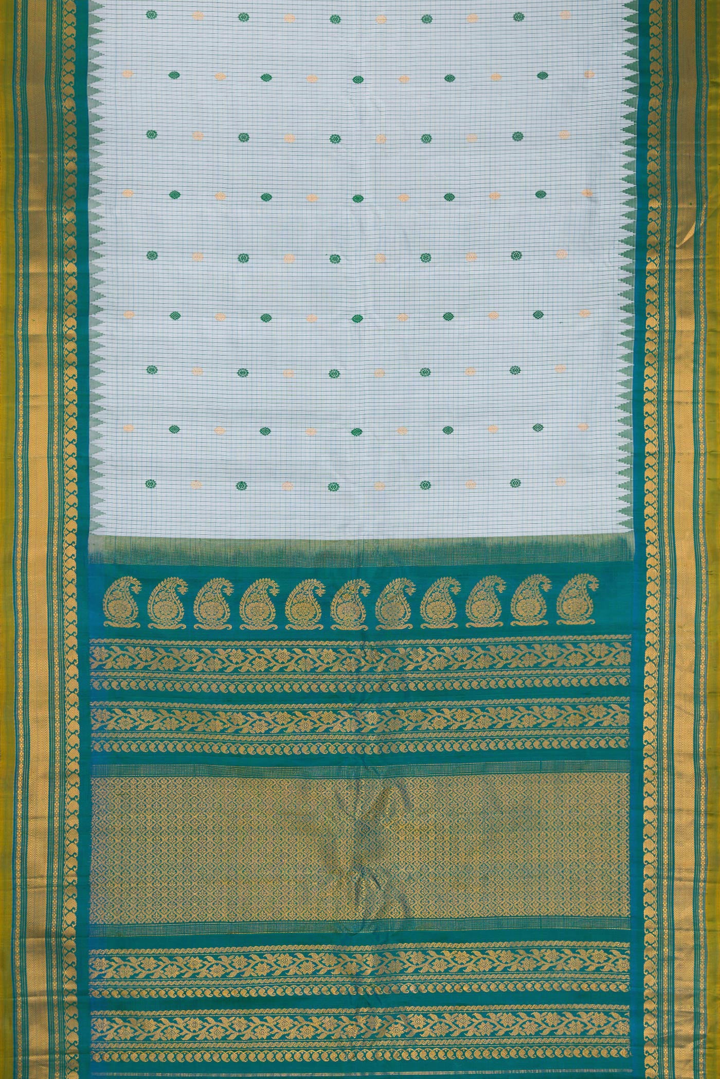 Flat view of Maya Blue Gadwal Silk Saree with Checked design on the body and Temple Border. 