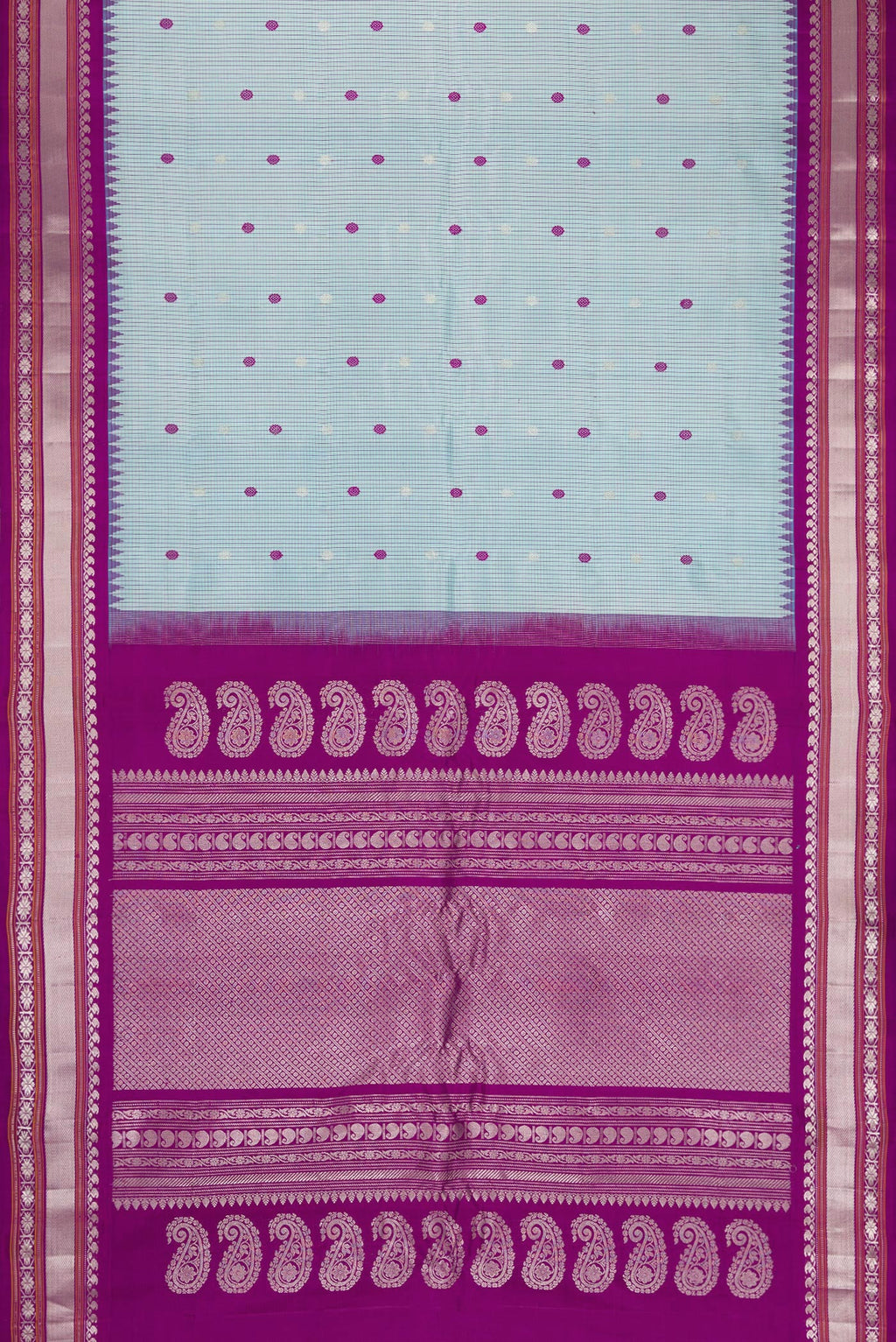 Flat view of Sky Blue Gadwal Silk Saree with Checked design on the body and Temple Border. 
