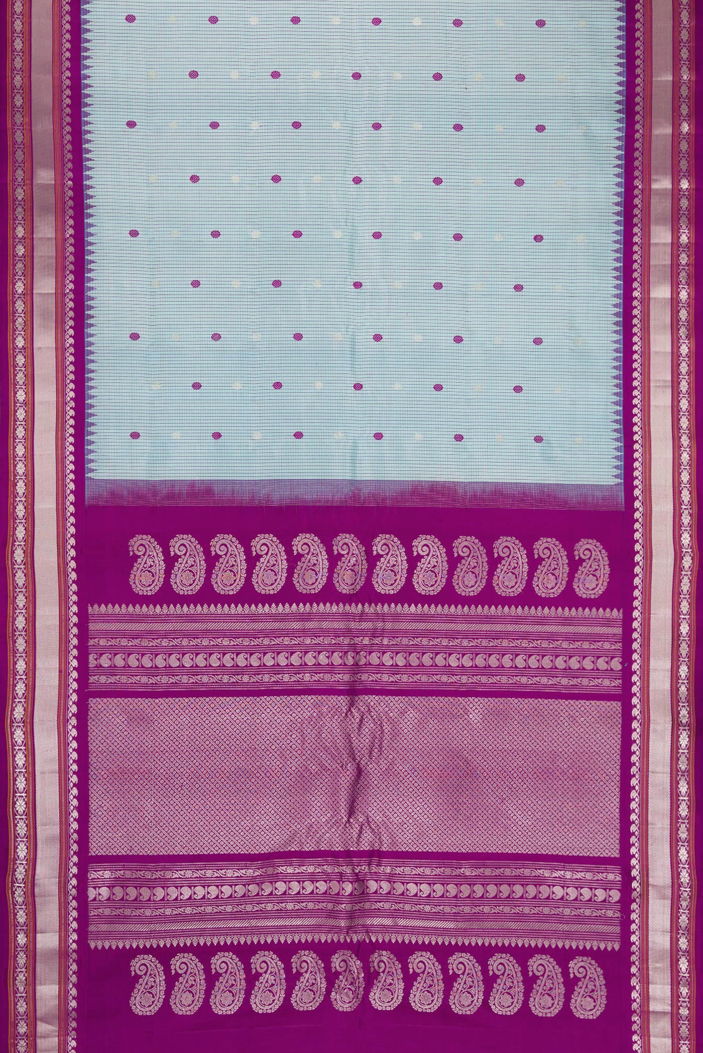 Flat view of Sky Blue Gadwal Silk Saree with Checked design on the body and Temple Border. 