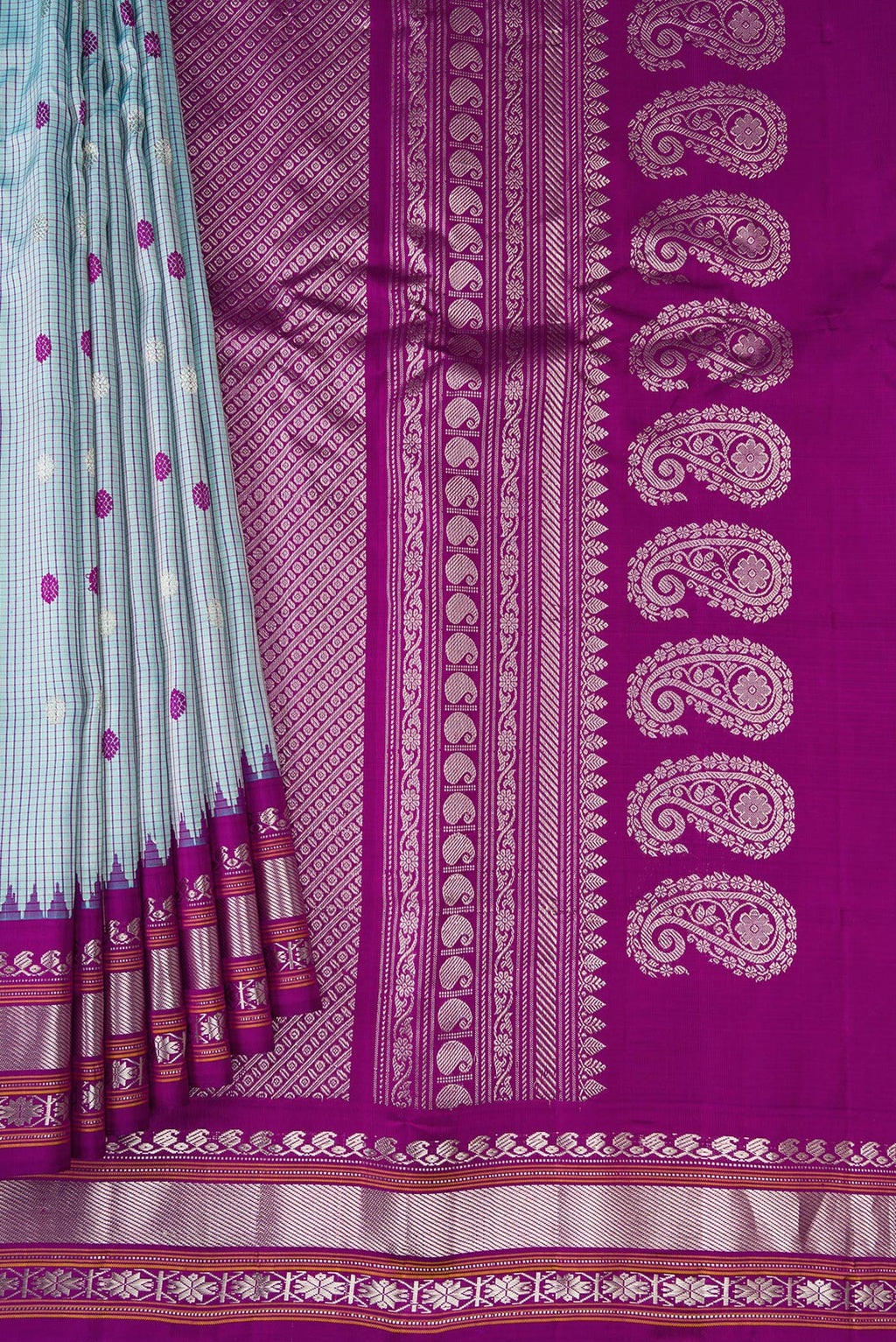 Pleats and pallu of Sky Blue Gadwal Silk Saree with Checked design on the body and Temple Border. 