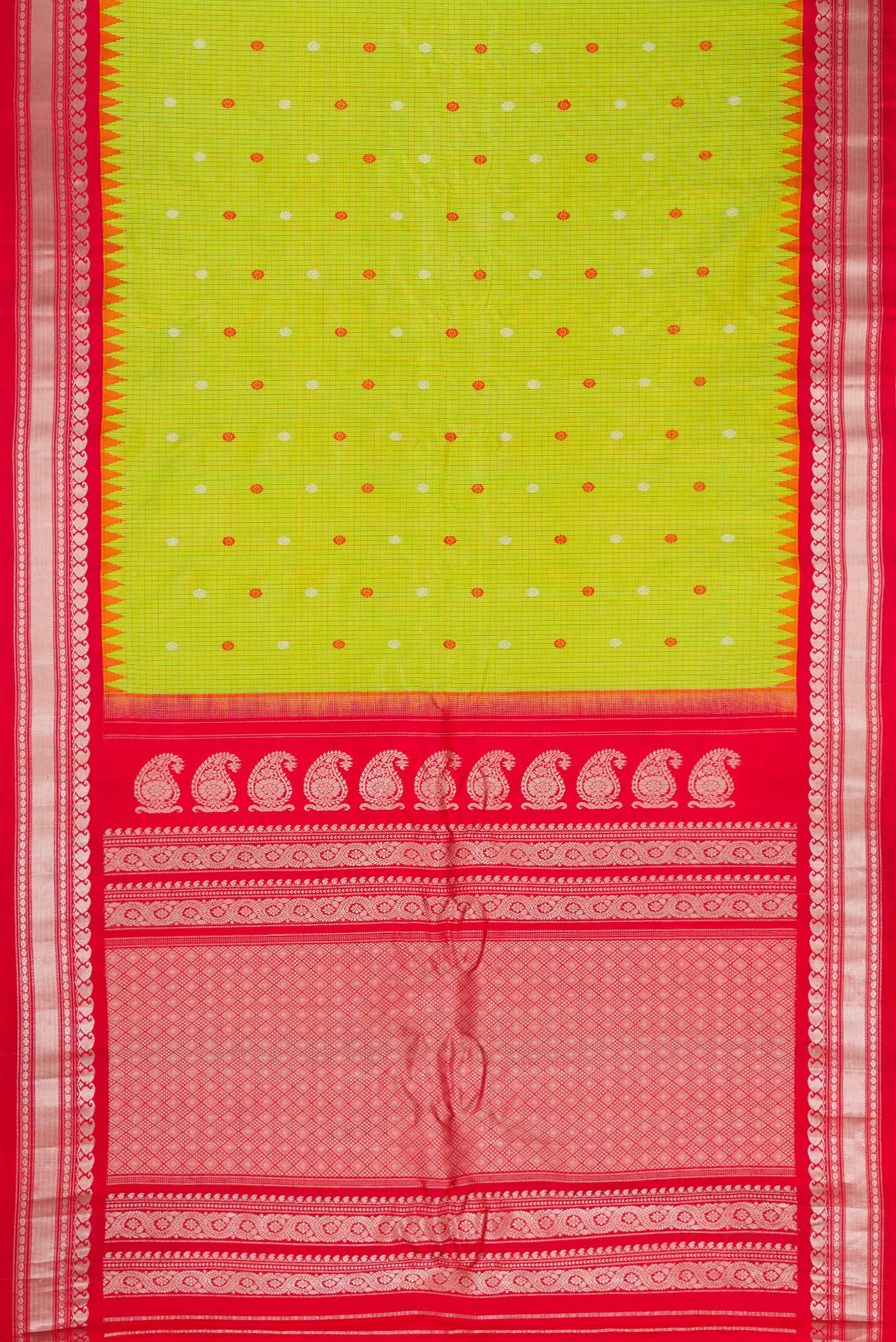 Flat view of Parrot Green Gadwal Silk Saree with Checked design on the body and Temple Border. 