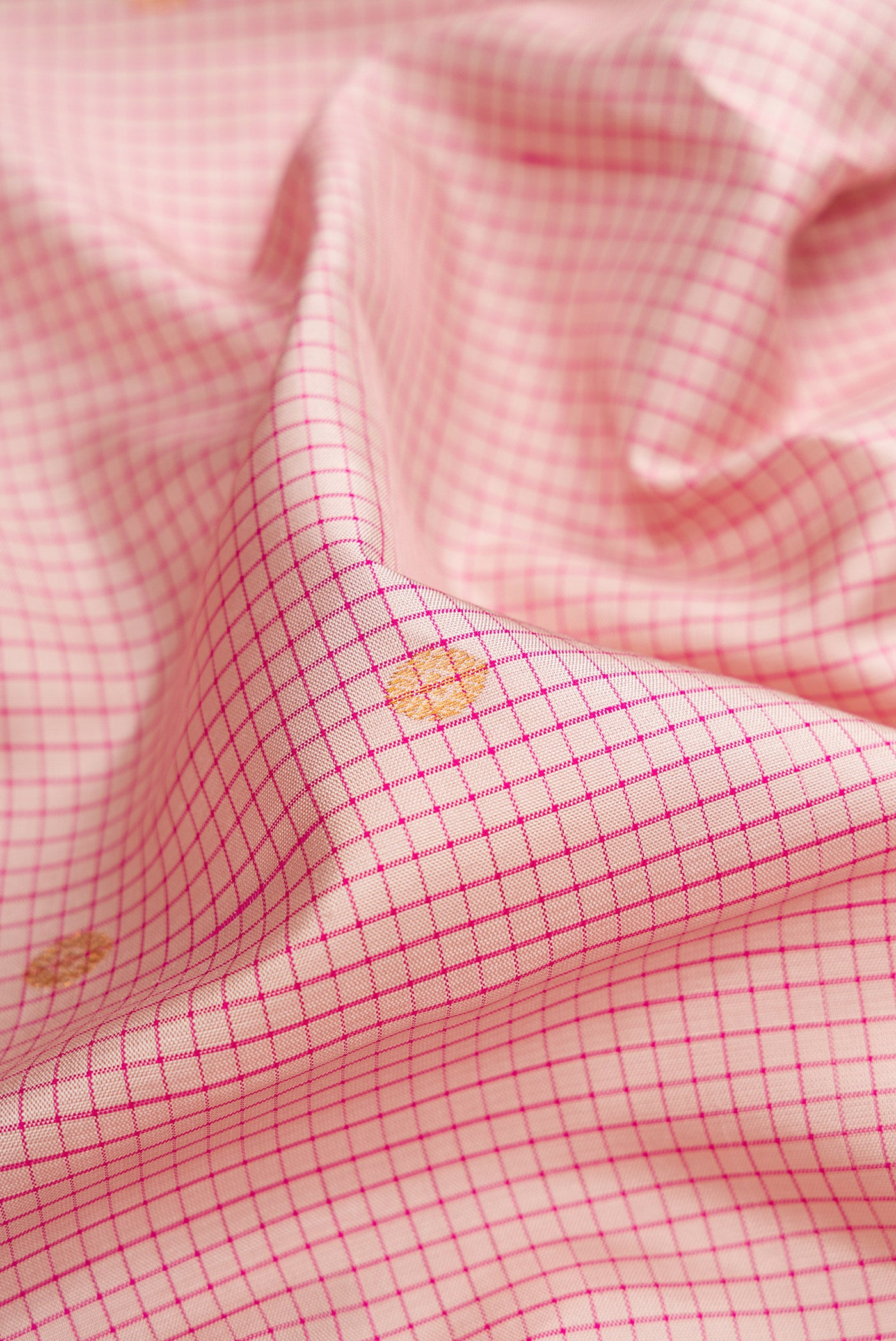 Close up of Beige Gadwal Silk Saree with Checked design on the body and Temple Border.  displaying folds