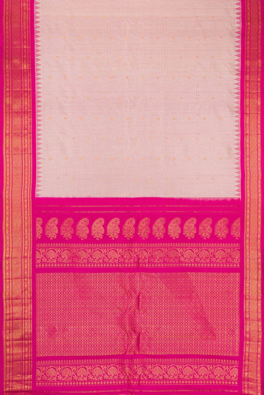 Flat view of Beige Gadwal Silk Saree with Checked design on the body and Temple Border. 
