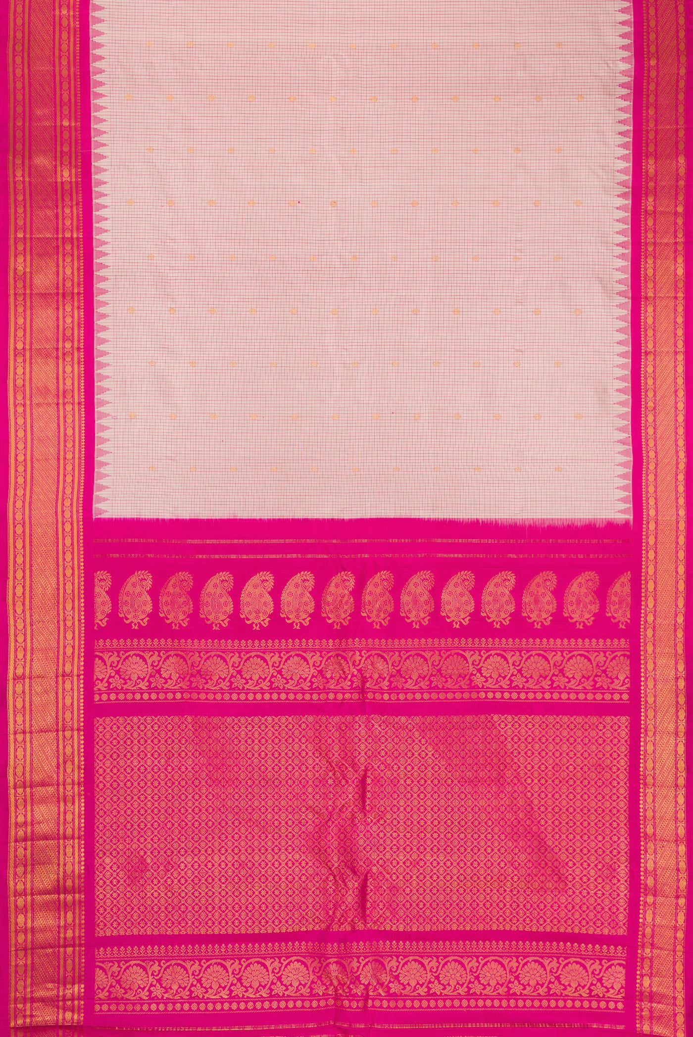 Flat view of Beige Gadwal Silk Saree with Checked design on the body and Temple Border. 