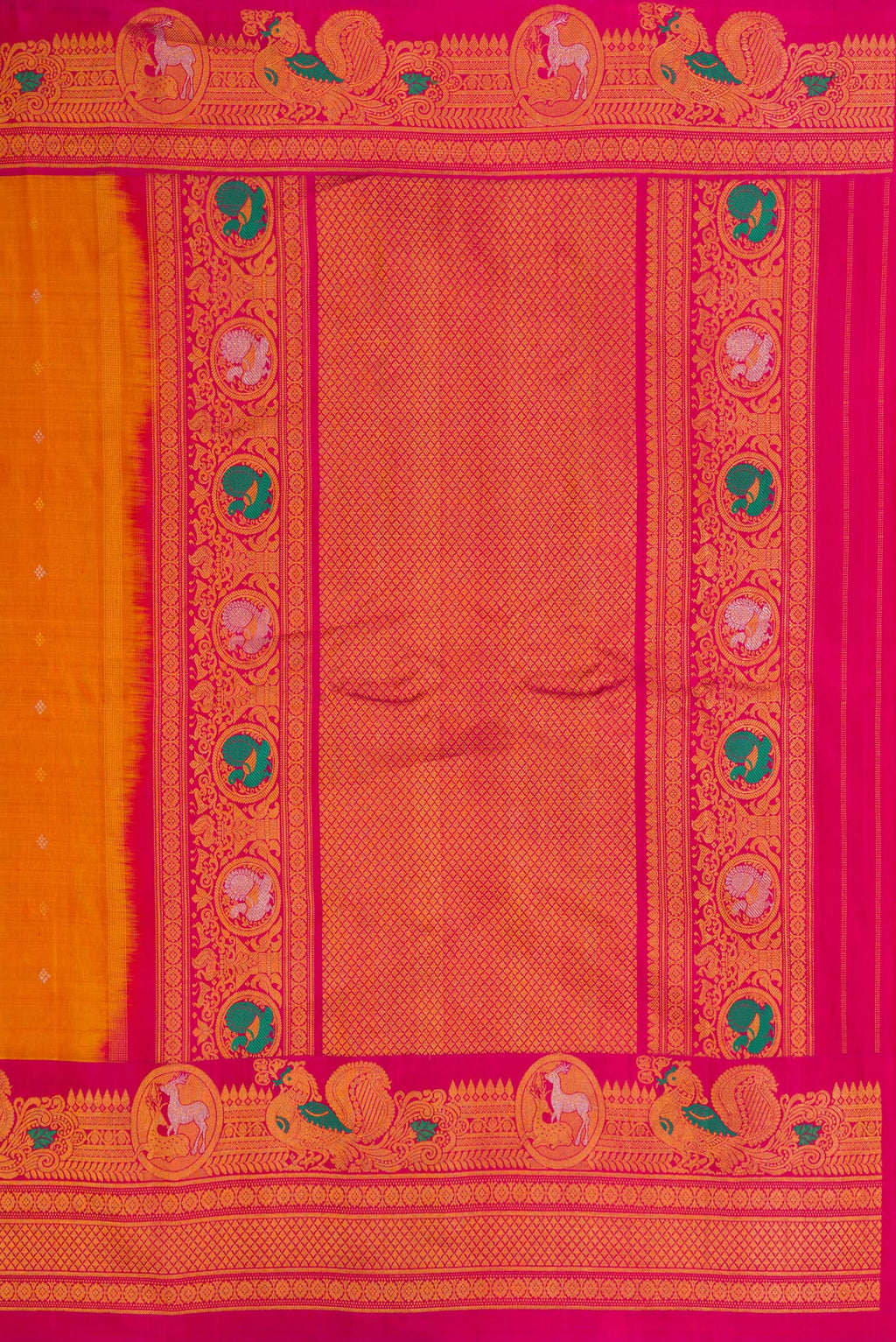 Close up image of the pallu of Mustard Gadwal Silk Saree with Zari Butta on the body and Fancy Border. 