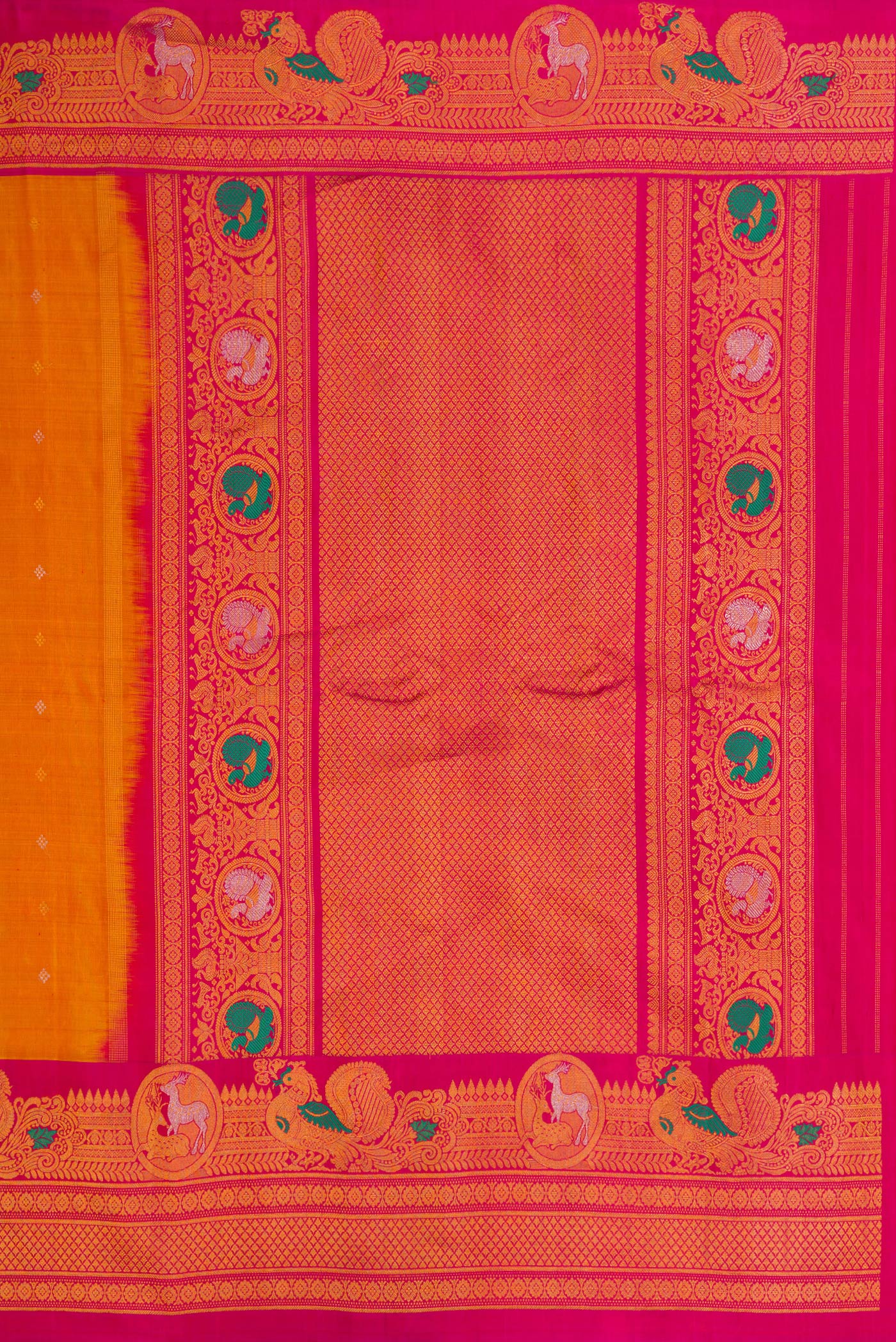 Close up image of the pallu of Mustard Gadwal Silk Saree with Zari Butta on the body and Fancy Border. 