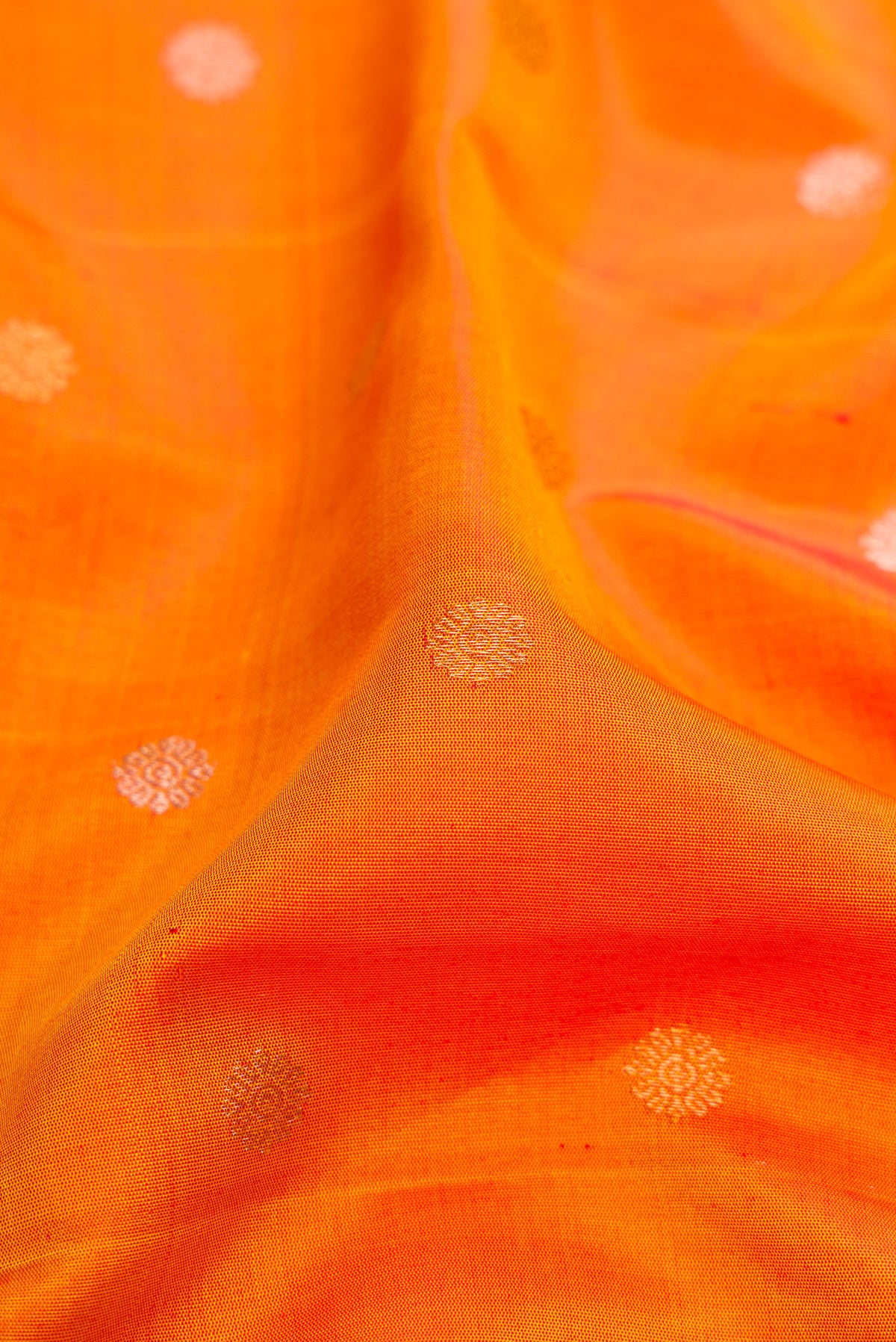 Close up of Mustard Dual Tone Gadwal Silk Saree with Zari Butta on the body and Fancy Border.  displaying folds