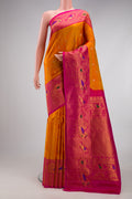 Mustard Dual Tone Gadwal Silk Saree with Zari Butta on the body and Fancy Border.  displayed on a mannequin