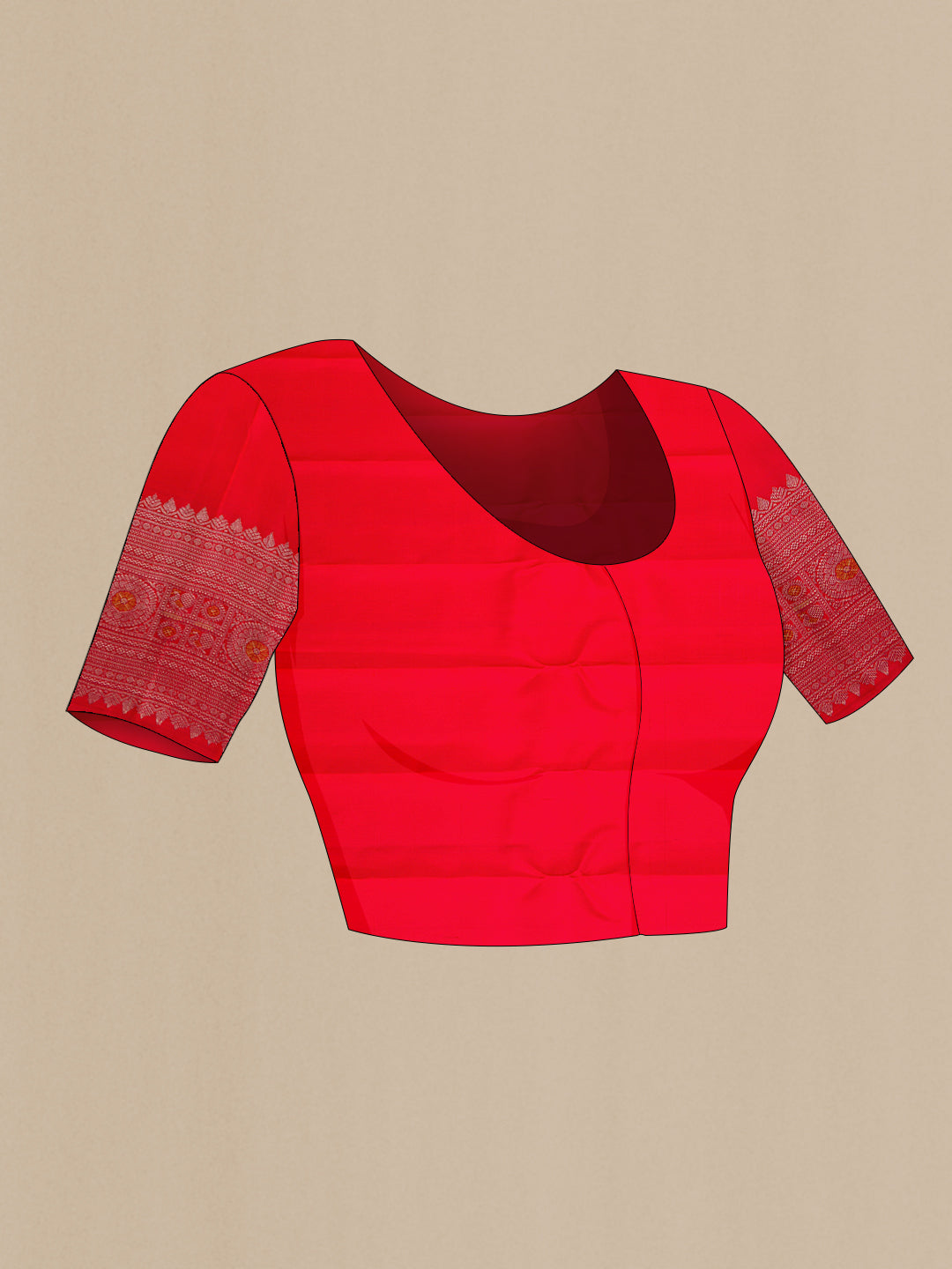 Close up image of the blouse of Red Gadwal Silk Saree with Zari Butta on the body and Zari Border. 