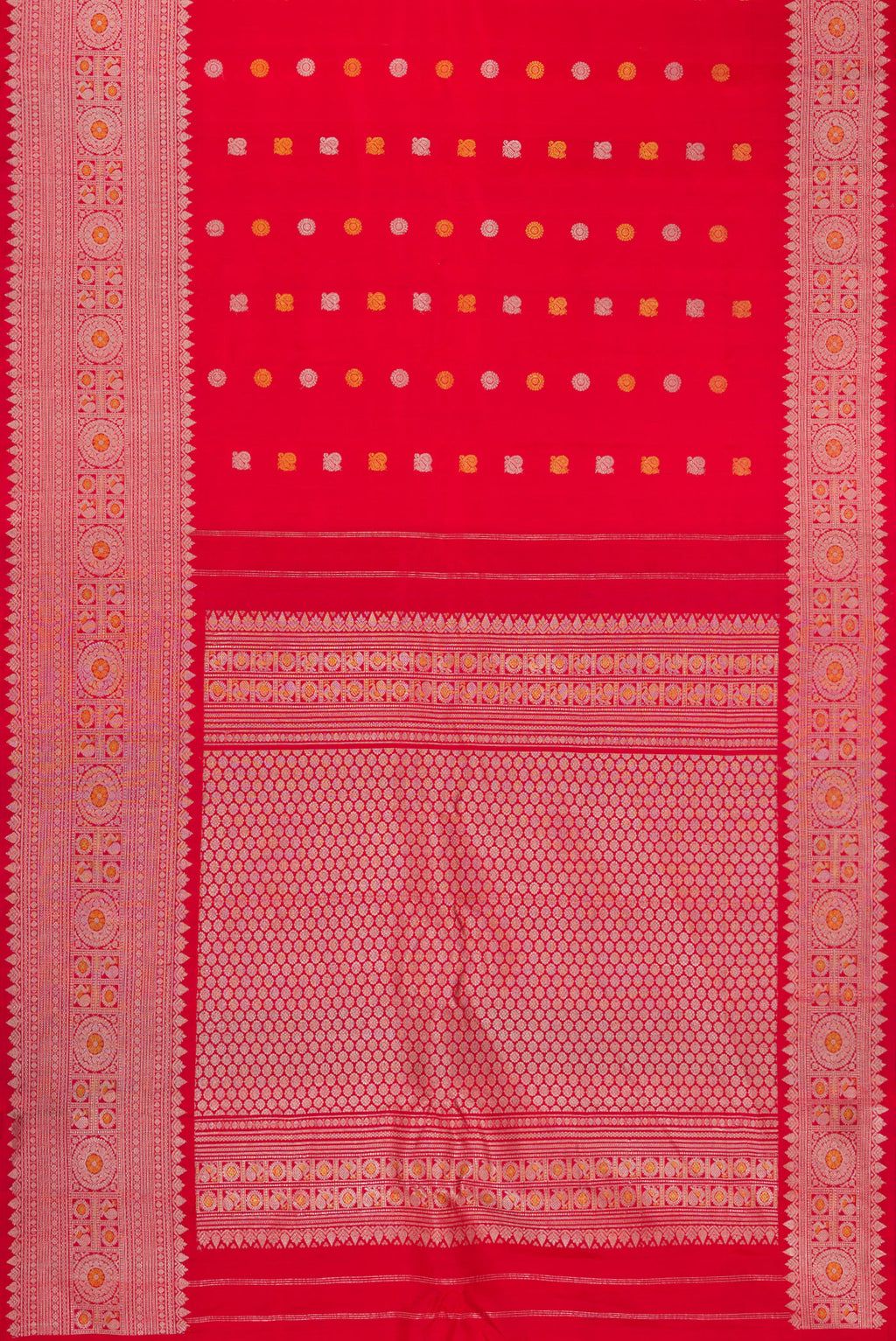Flat view of Red Gadwal Silk Saree with Zari Butta on the body and Zari Border. 