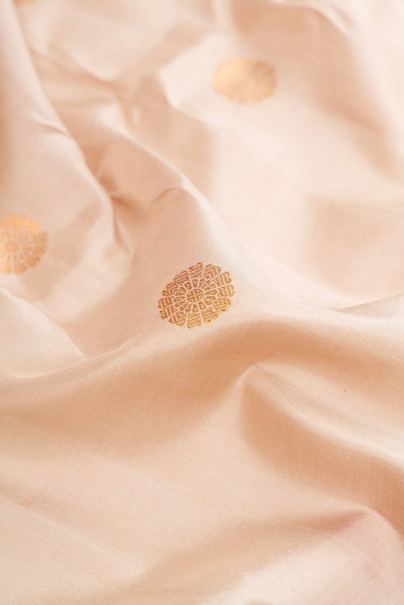 Close up of Beige Gadwal Silk Saree with Zari Butta on the body and Fancy Border.  displaying folds