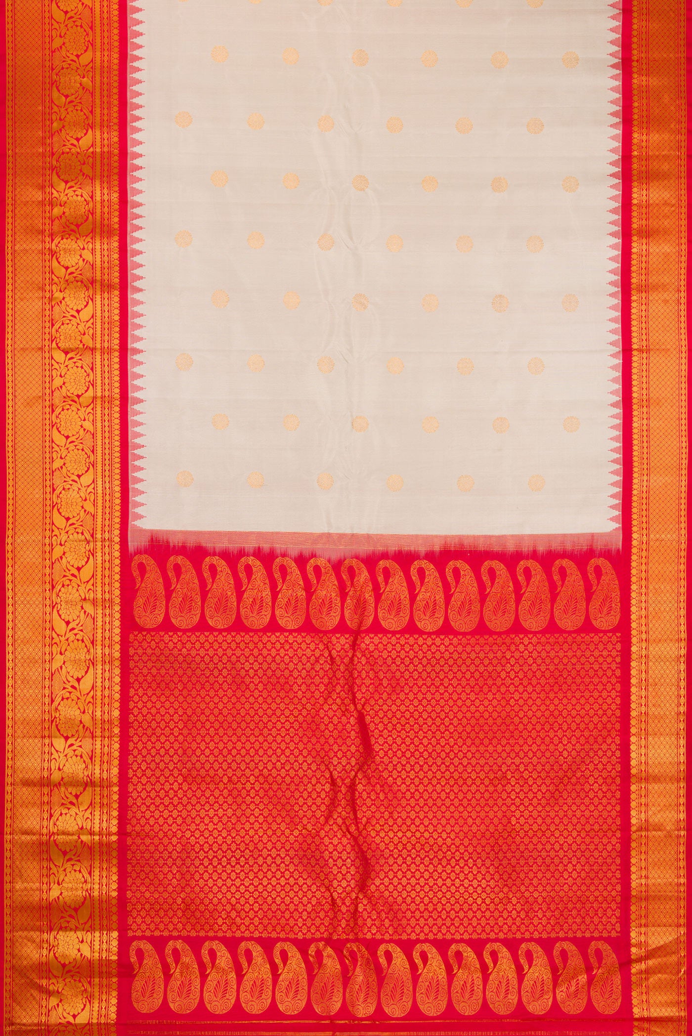 Flat view of Beige Gadwal Silk Saree with Zari Butta on the body and Fancy Border. 