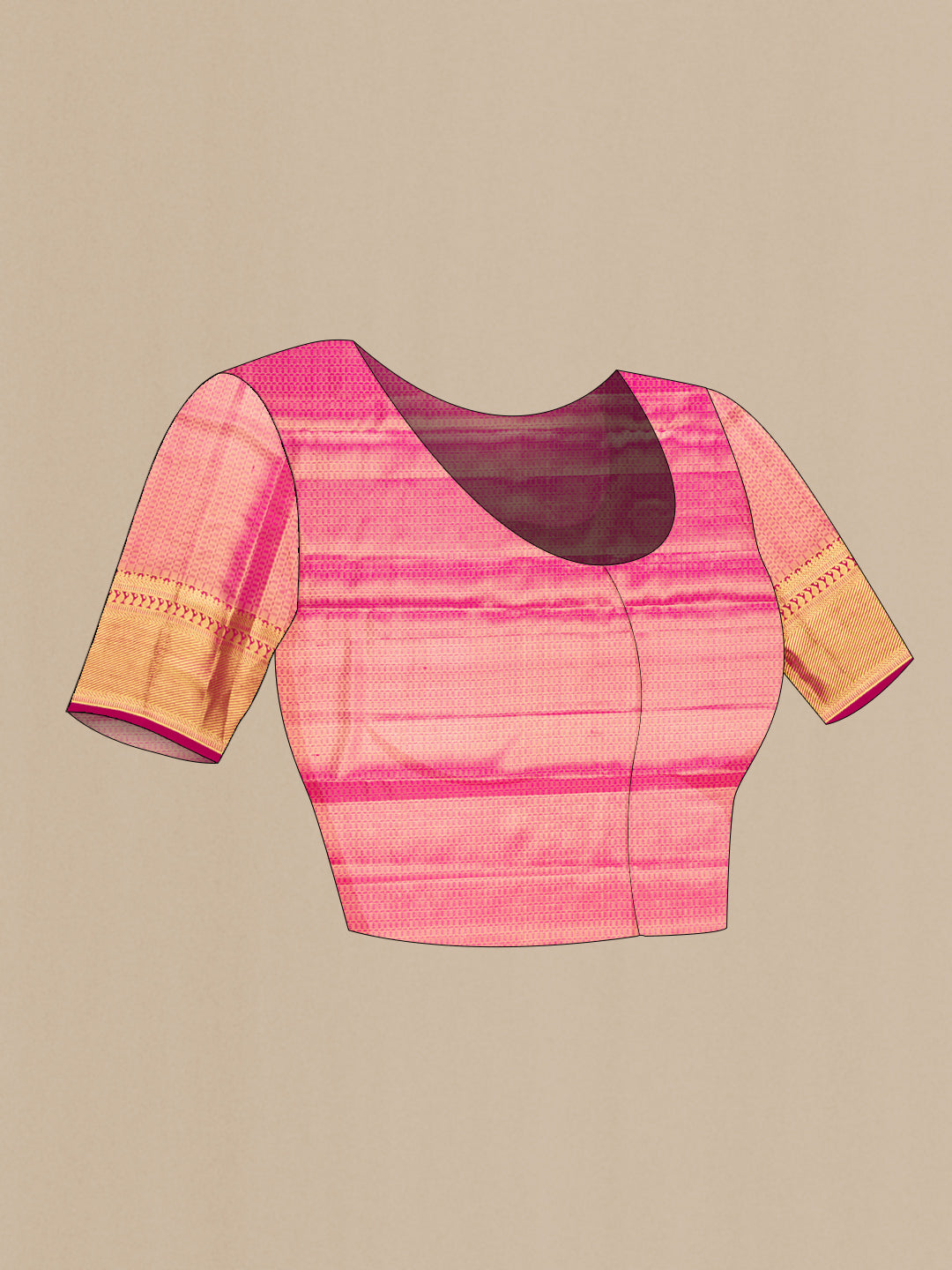 Close up image of the blouse of Pink Dual Tone Kanchipuram Tissue Silk Saree with Zari Brocade on the body and Zari Border. 