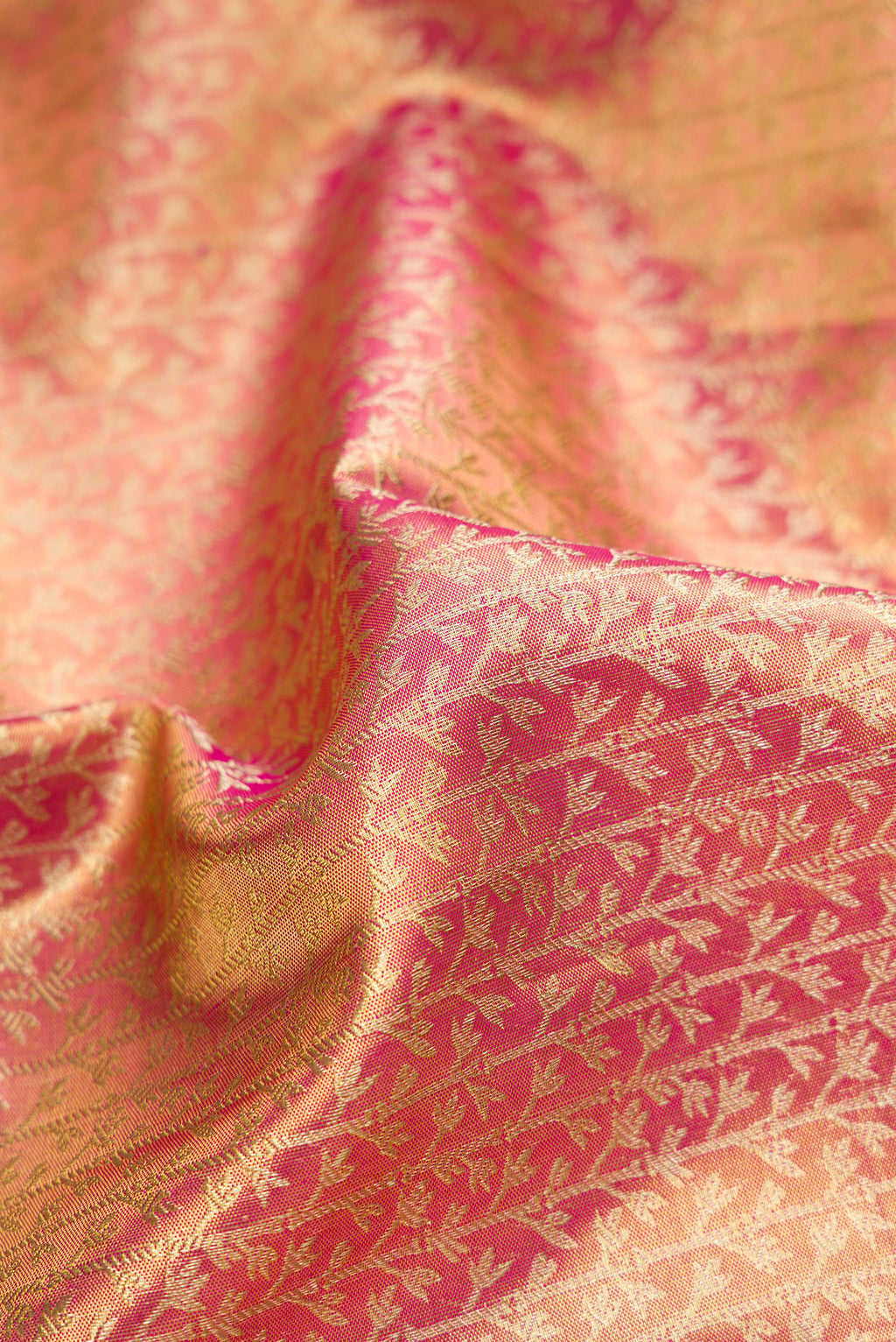 Close up of Pink Dual Tone Kanchipuram Tissue Silk Saree with Zari Brocade on the body and Zari Border.  displaying folds