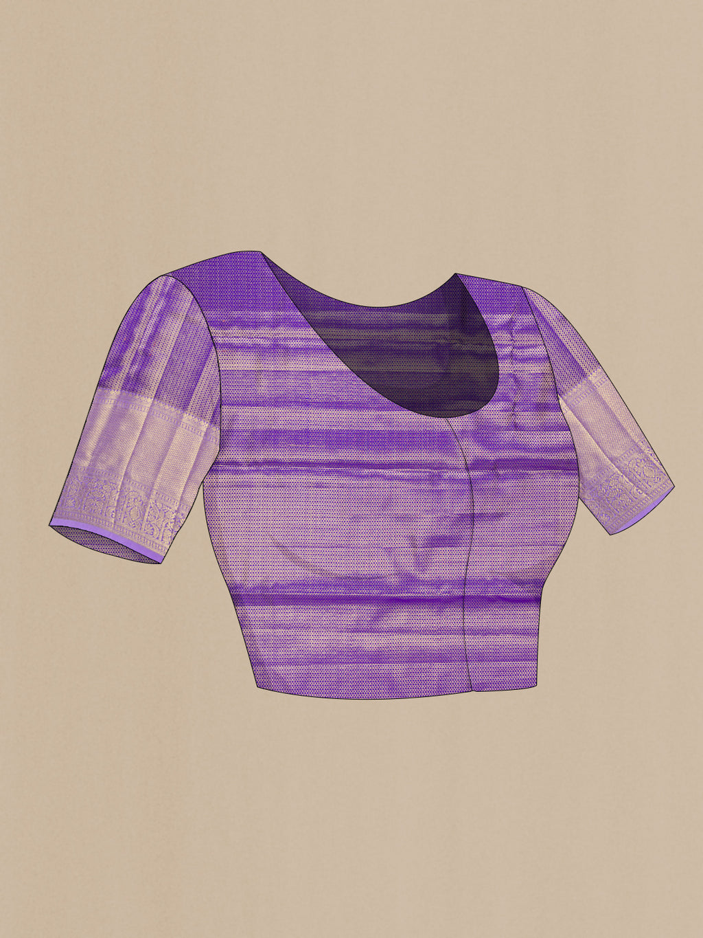 Close up image of the blouse of Purple Dual Tone Kanchipuram Tissue Silk Saree with Zari Brocade on the body and Zari Border. 
