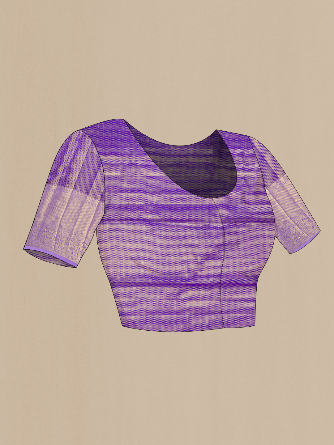Close up image of the blouse of Purple Dual Tone Kanchipuram Tissue Silk Saree with Zari Brocade on the body and Zari Border. 
