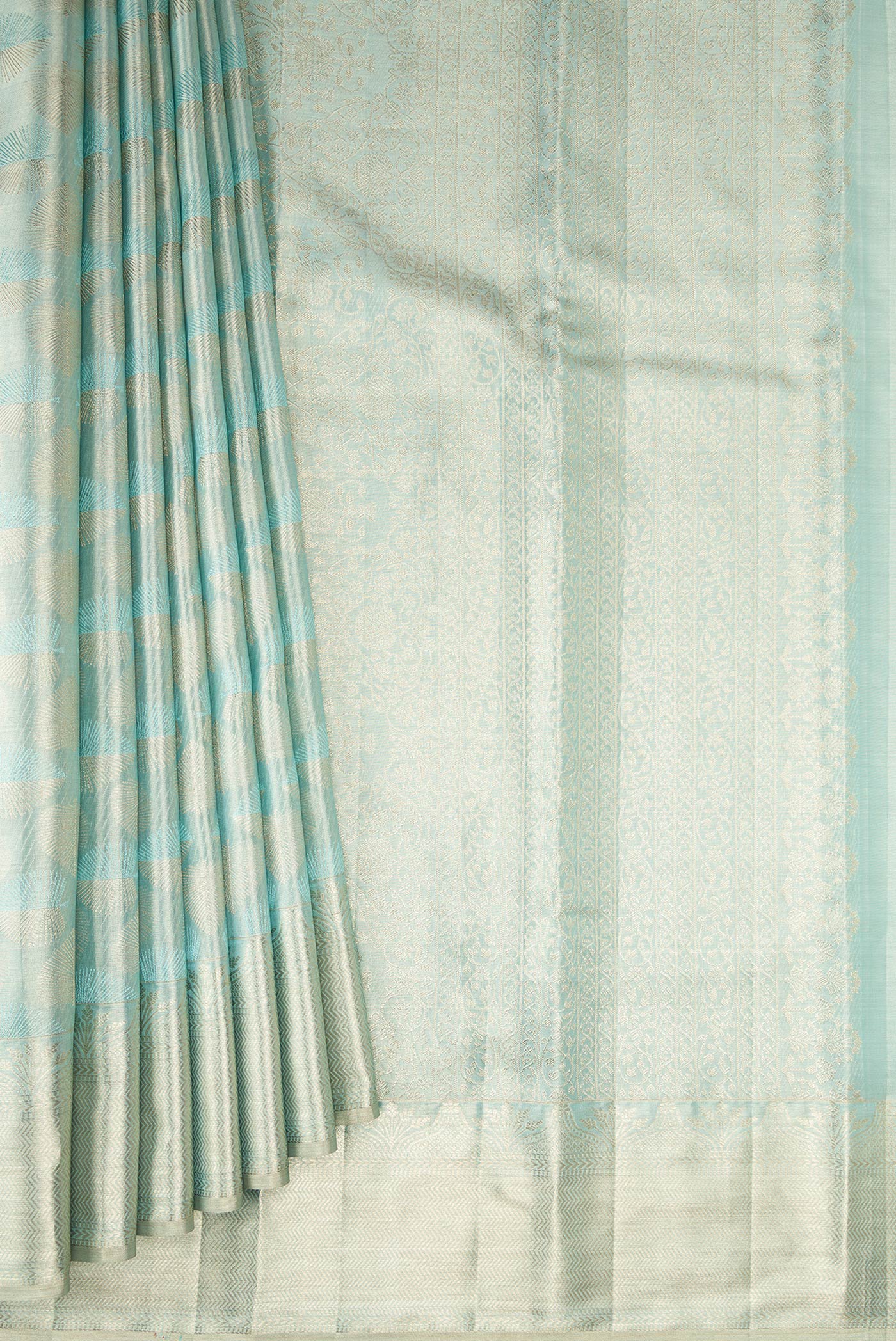 Pleats and pallu of Sky Blue Dual Tone Kanjivaram Tissue Silk Saree with Zari Brocade on the body and Zari Border. 