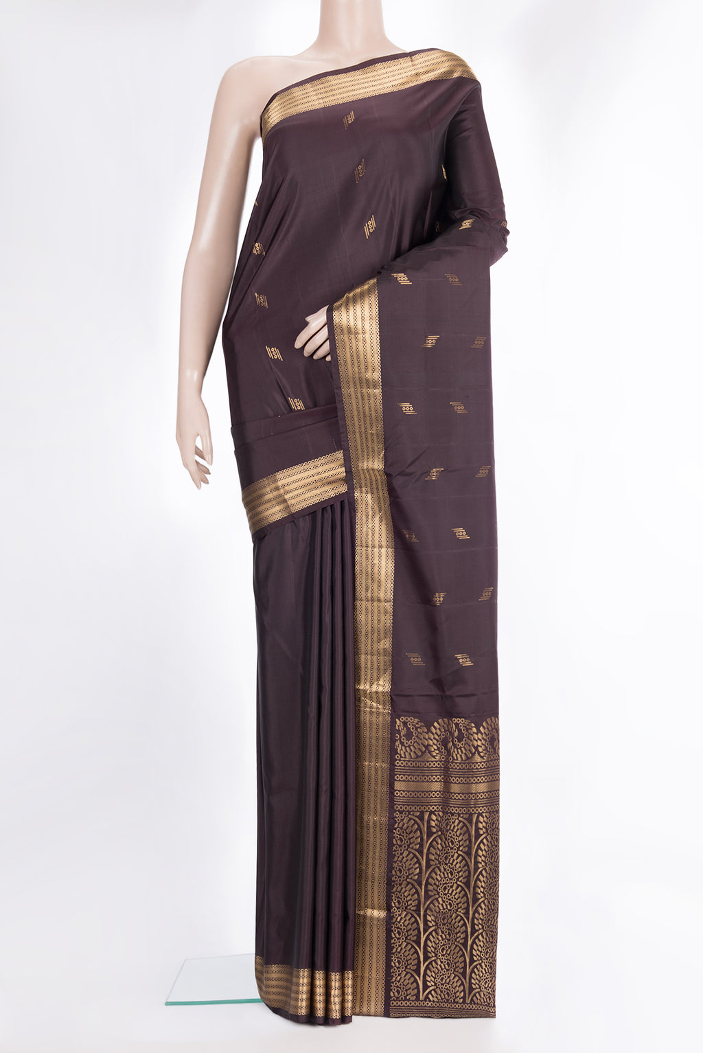 Pure Silk Coffee Brown Soft Saree with Zari Butta on the body and Zari Border.  displayed on a mannequin