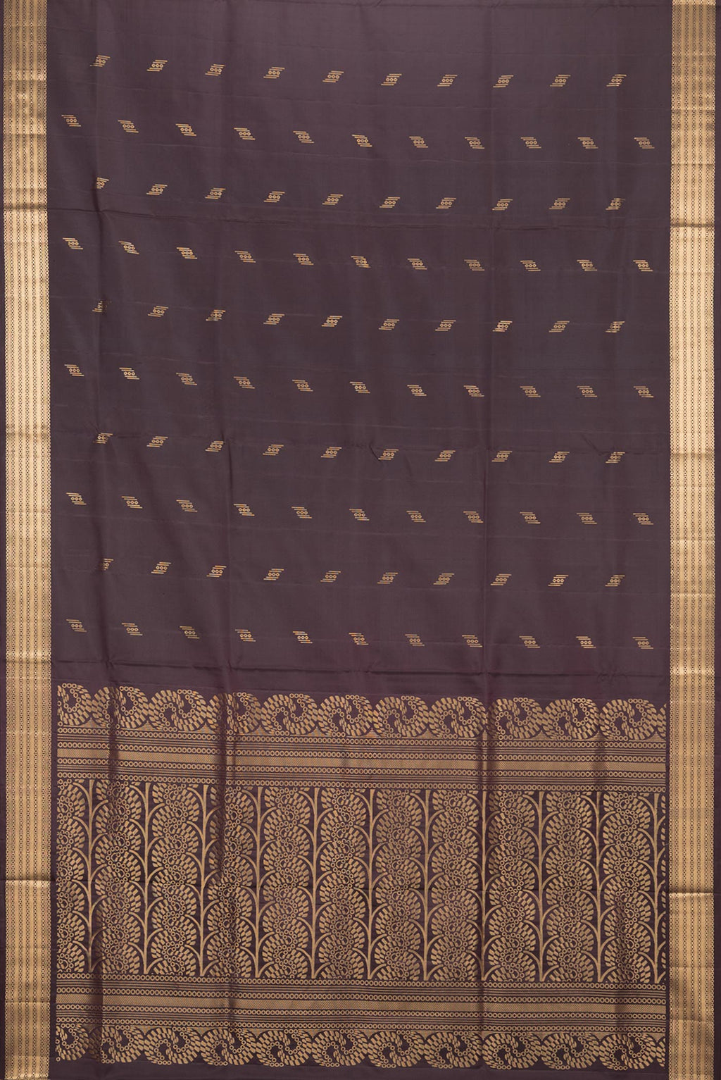 Flat view of Pure Silk Coffee Brown Soft Saree with Zari Butta on the body and Zari Border. 