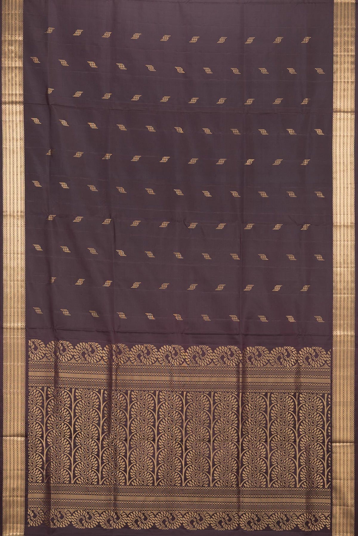 Flat view of Pure Silk Coffee Brown Soft Saree with Zari Butta on the body and Zari Border. 