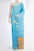 Pure Silk Sky Blue Dual Tone Soft Saree with Zari Butta on the body and Zari Border.  displayed on a mannequin
