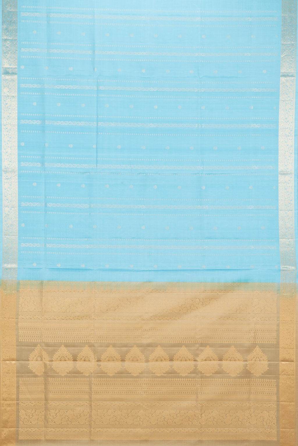 Flat view of Pure Silk Sky Blue Dual Tone Soft Saree with Zari Butta on the body and Zari Border. 