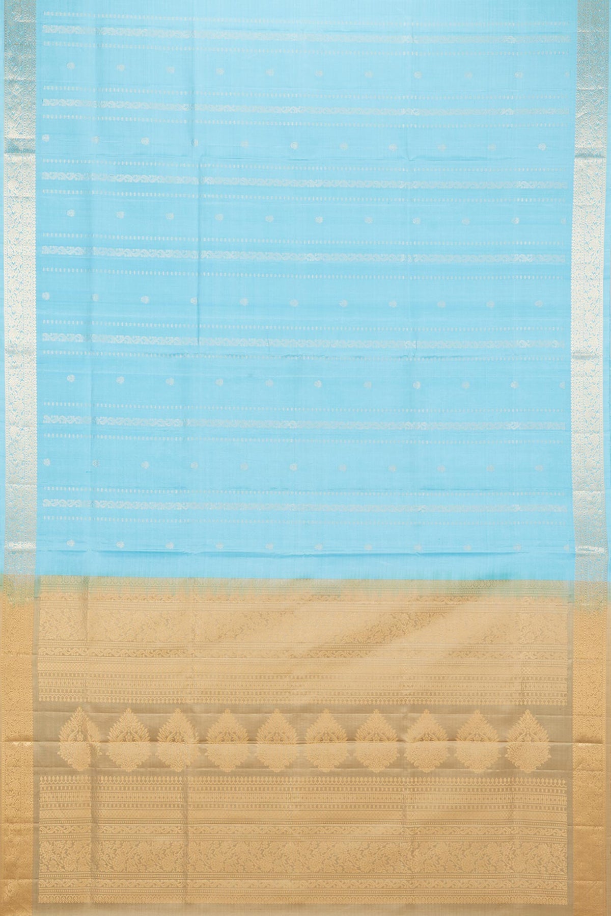 Flat view of Pure Silk Sky Blue Dual Tone Soft Saree with Zari Butta on the body and Zari Border. 