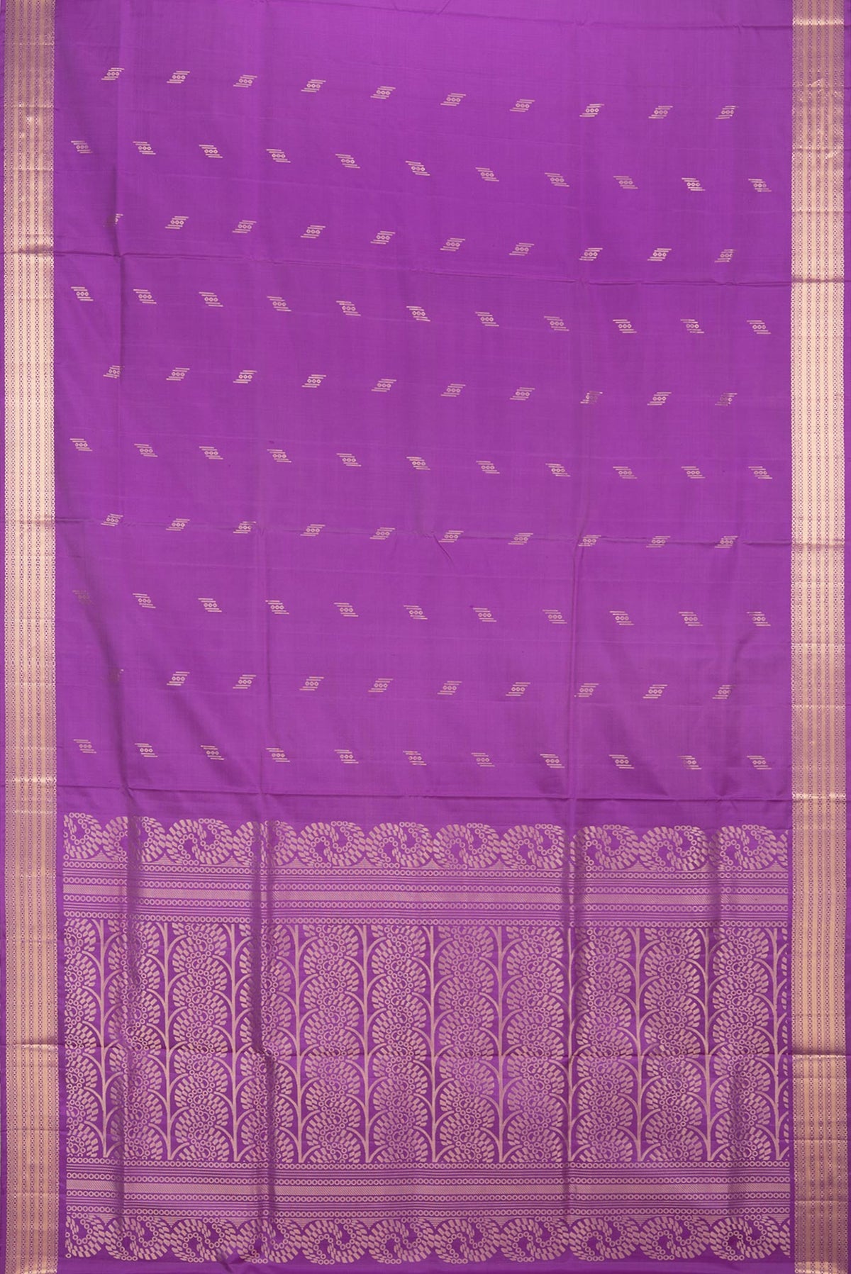 Flat view of Pure Silk Purple Soft Saree with Zari Butta on the body and Zari Border. 