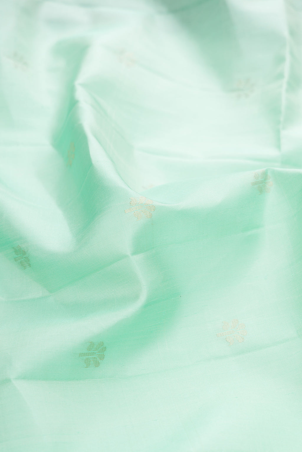Close up of Sea Green Soft Silk Saree with Zari Butta on the body and Fancy Border.  displaying folds