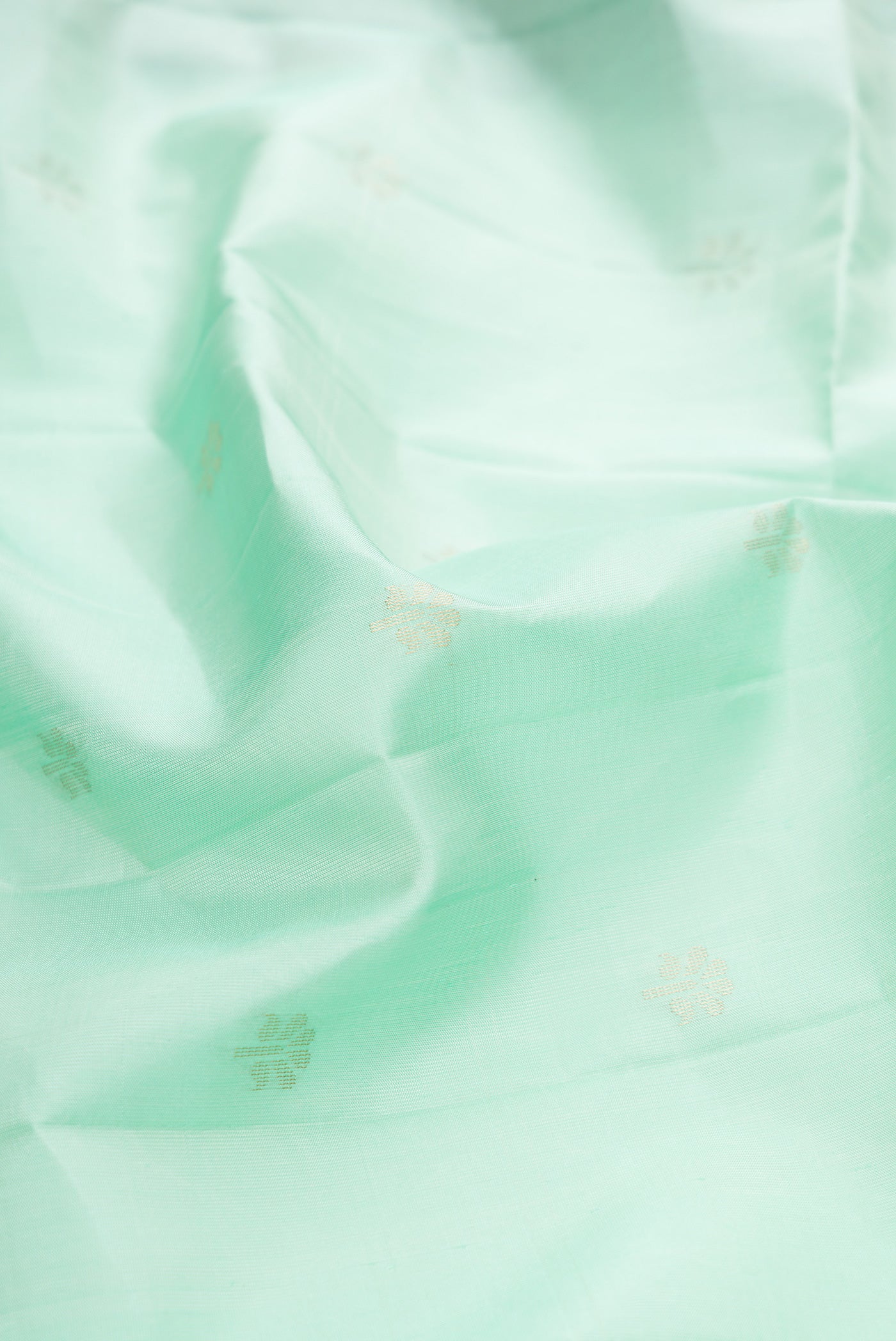 Close up of Sea Green Soft Silk Saree with Zari Butta on the body and Fancy Border.  displaying folds