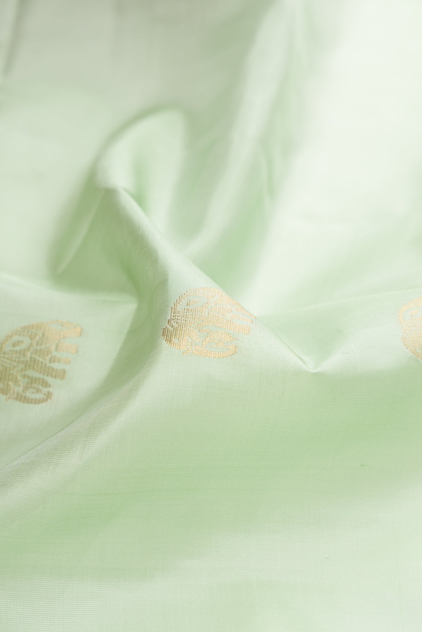 Close up of Pista Green Soft Silk Saree with Zari Butta on the body and Fancy Border.  displaying folds