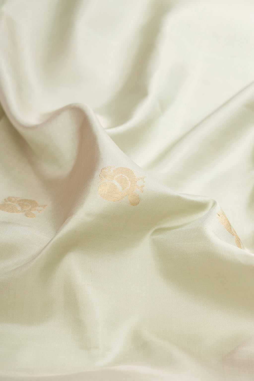 Close up of Light Green Soft Silk Saree with Zari Butta on the body and Fancy Border.  displaying folds