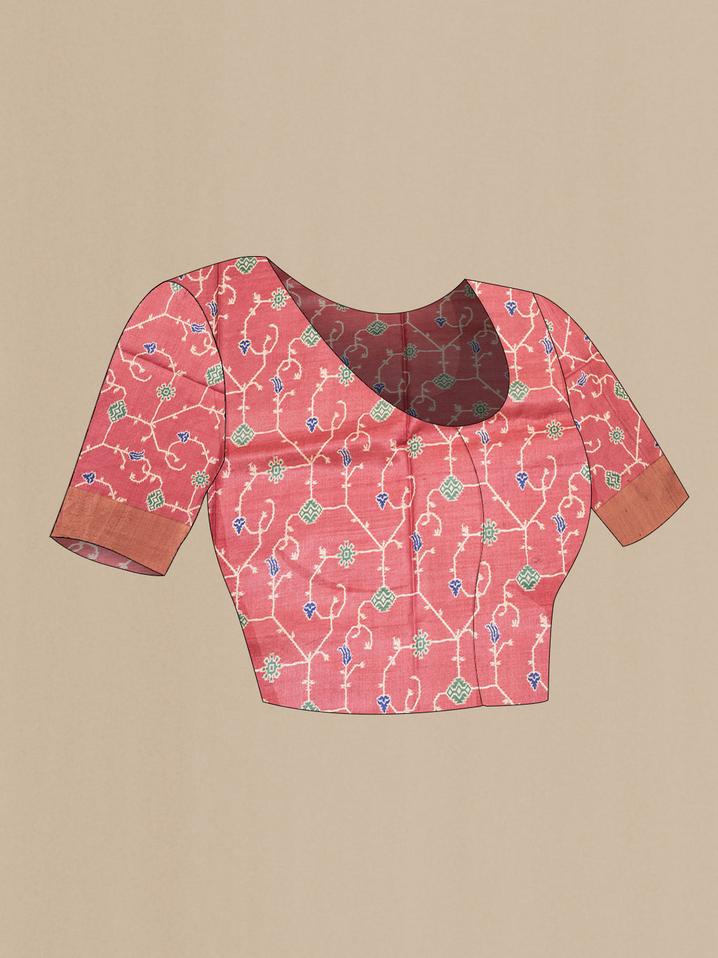 Close up image of the blouse of Pure Silk Rust Tussar Saree with Embroidered on the body and Zari Border. 