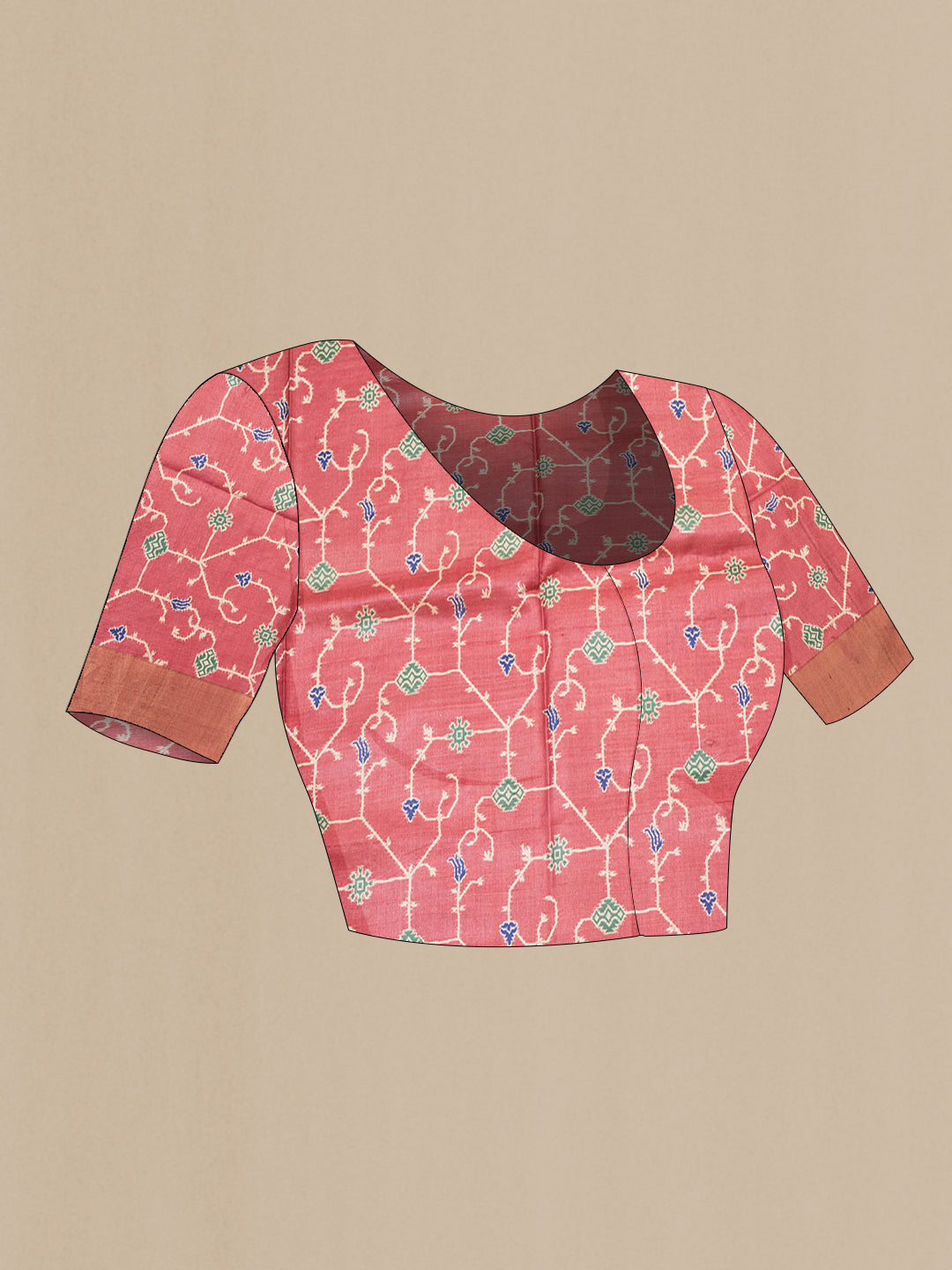 Close up image of the blouse of Pure Silk Rust Tussar Saree with Embroidered on the body and Zari Border. 