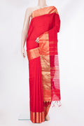Pure Silk Red Dual Tone Raw Saree with Plain Body and Zari Border.  displayed on a mannequin