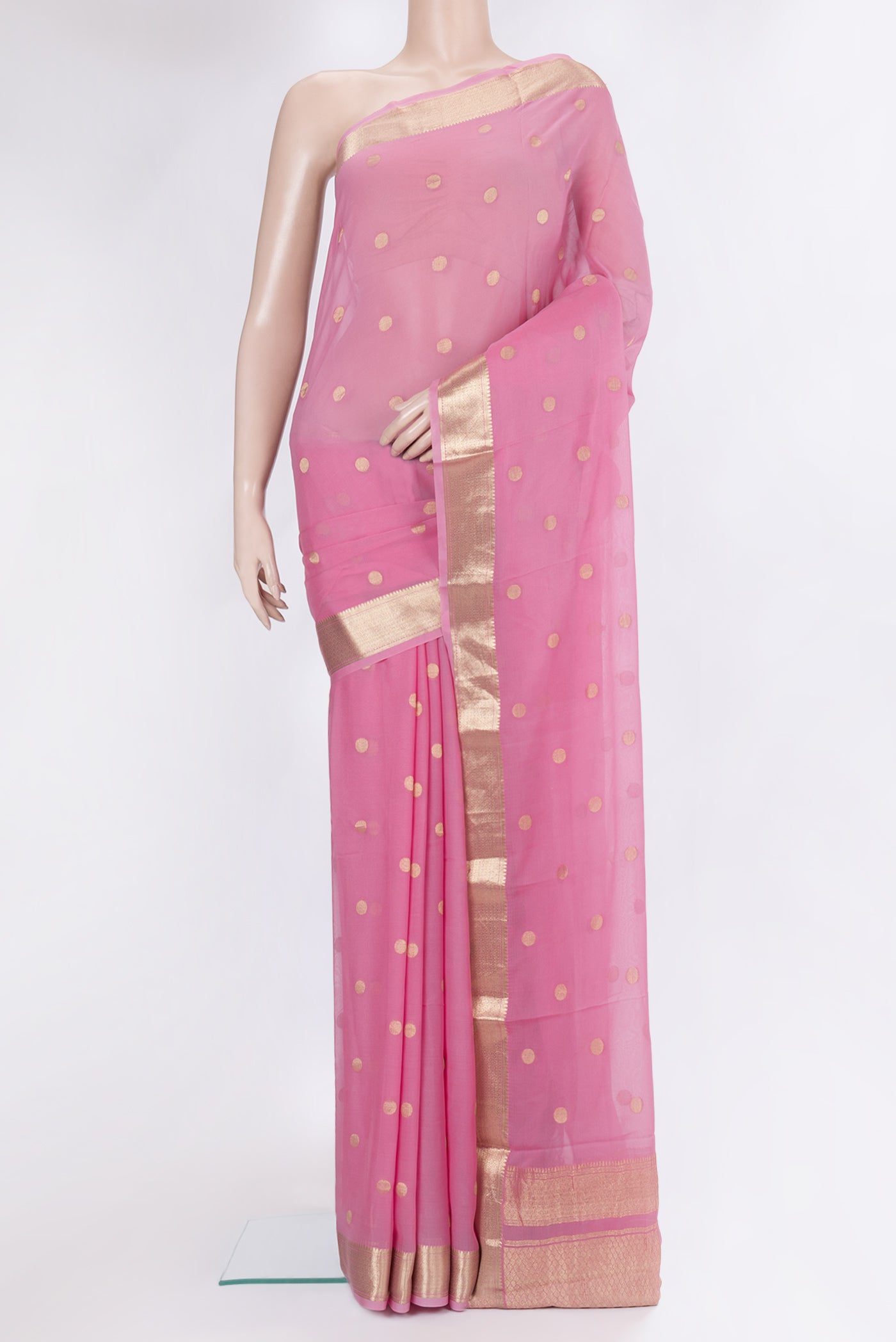 Rose pink Mysore Georgette Saree with Zari Butta on the body and Zari Border.  displayed on a mannequin