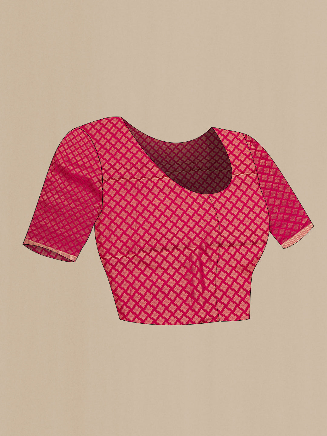 Close up image of the blouse of Dark Pink Mysore Chiffon Saree with Plain Body and Zari Border. 