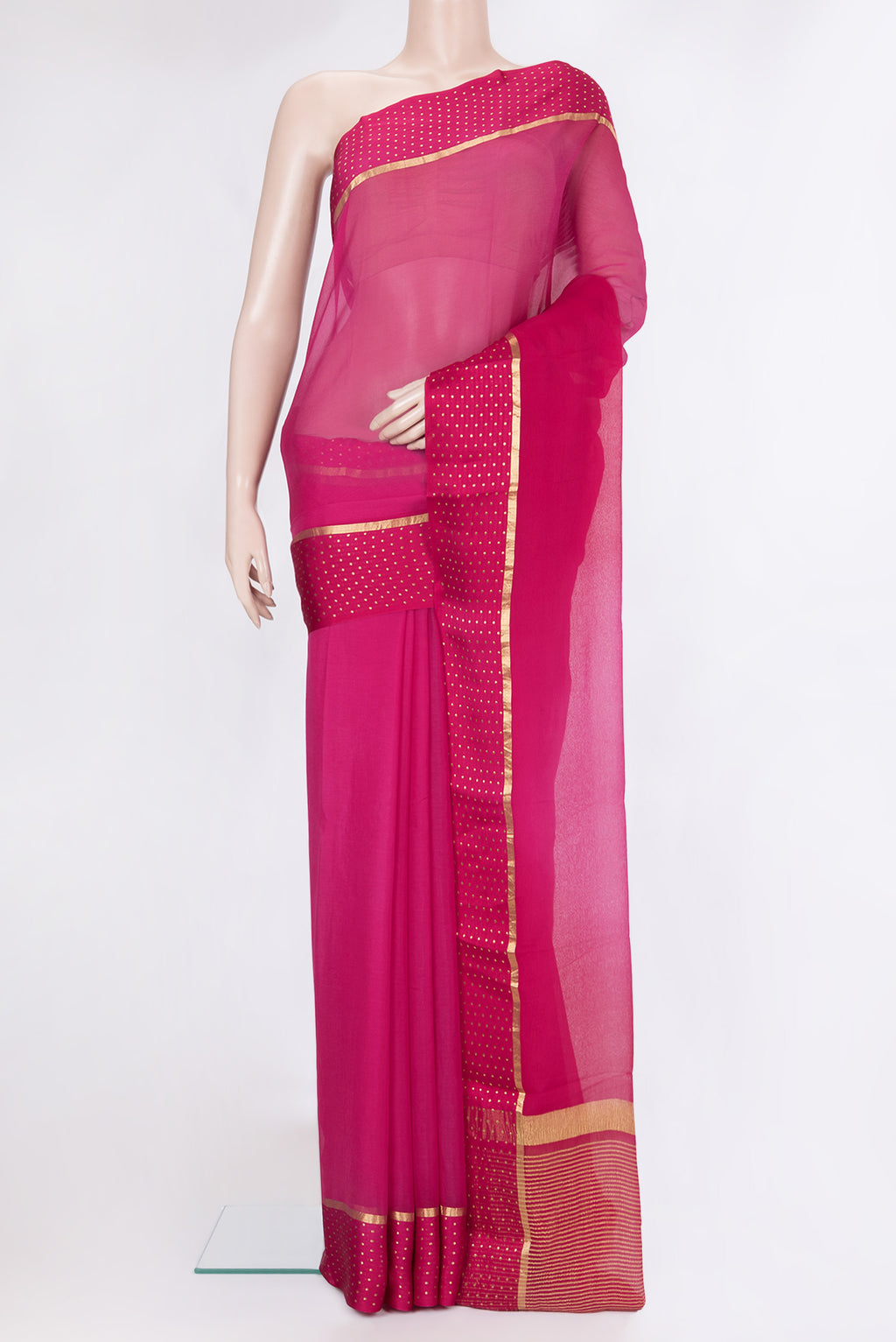 Dark Pink Mysore Chiffon Saree with Plain Body and Zari Border.  displayed on a mannequin