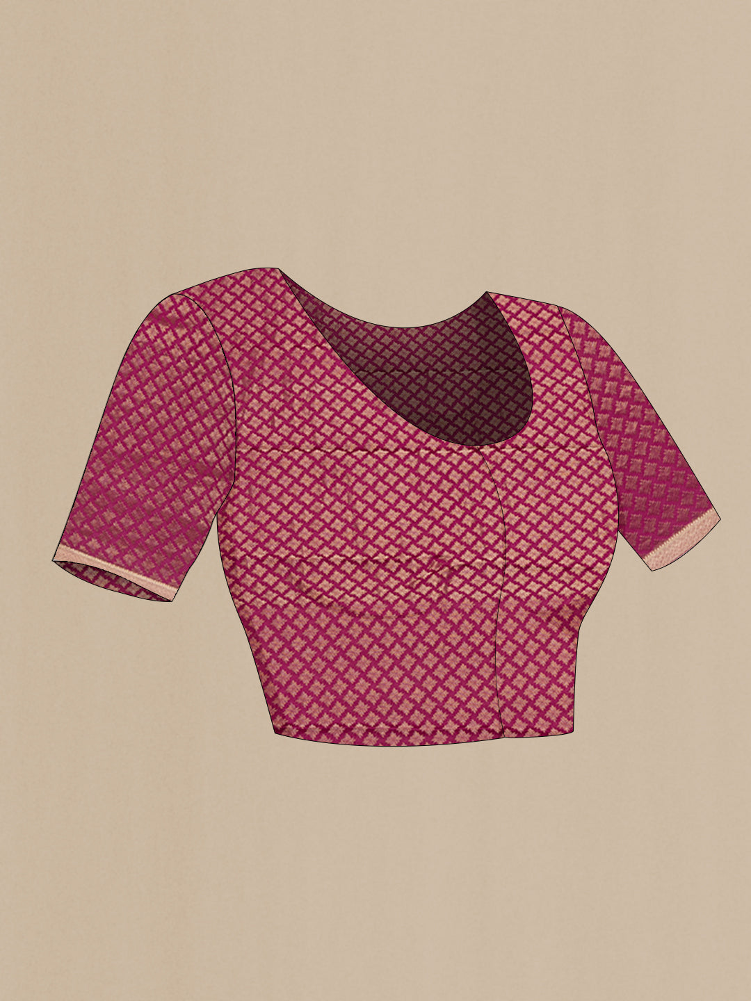 Close up image of the blouse of Magenta Mysore Chiffon Saree with Plain Body and Zari Border. 
