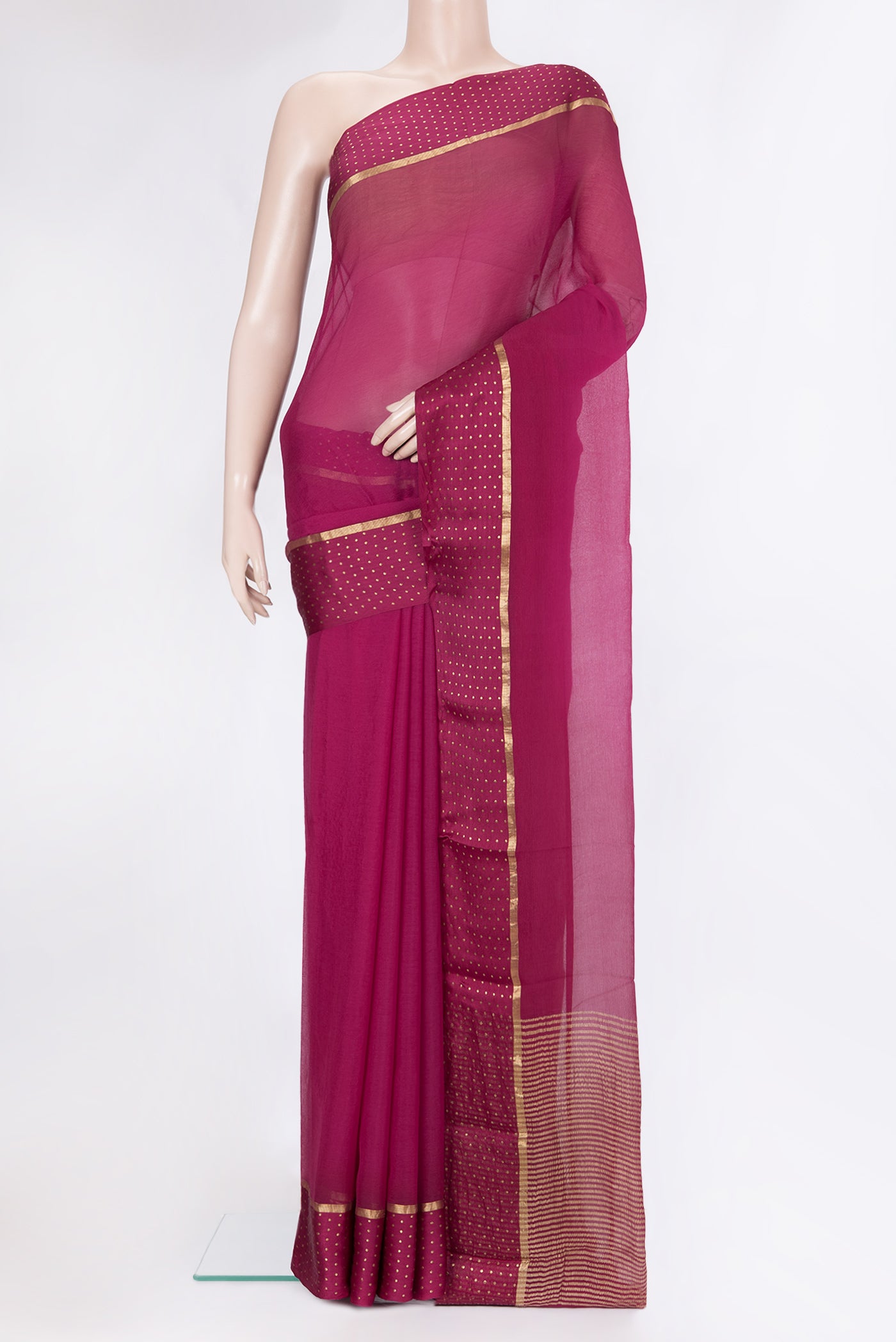 Magenta Mysore Chiffon Saree with Plain Body and Zari Border.  displayed on a mannequin