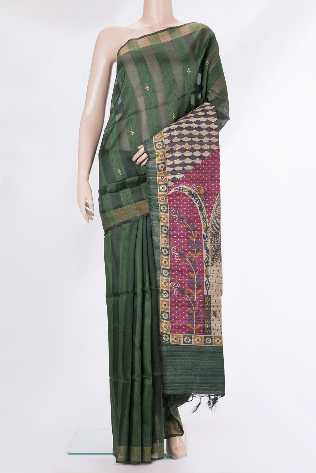 Olive Green Dual Tone Tussar Saree with Stripes on the body and Zari Border.  displayed on a mannequin