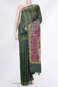 Olive Green Dual Tone Tussar Saree with Stripes on the body and Zari Border.  displayed on a mannequin