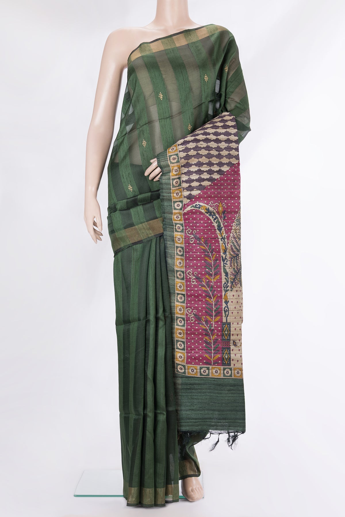 Olive Green Dual Tone Tussar Saree with Stripes on the body and Zari Border.  displayed on a mannequin