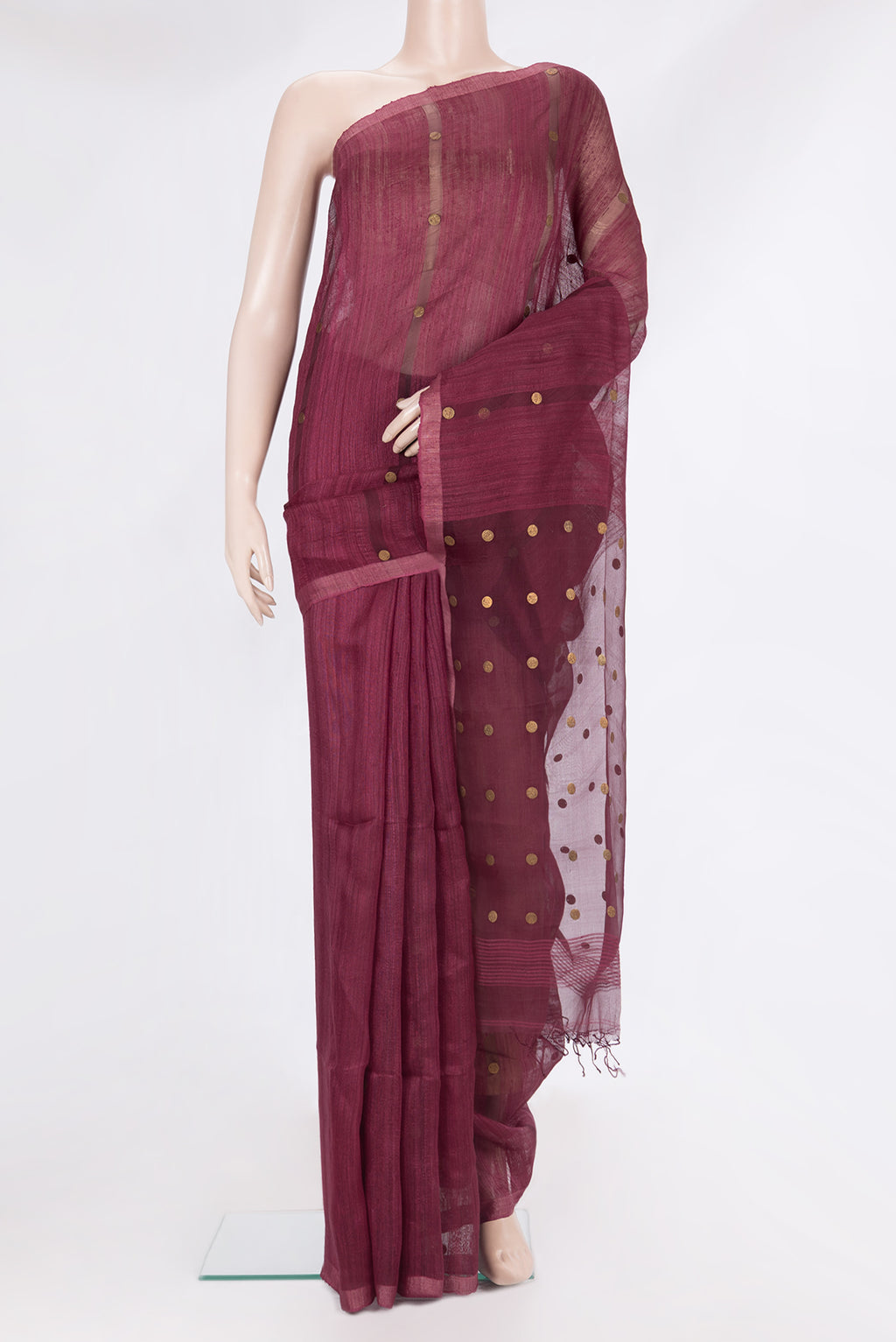 Pure Silk Maroon Tussar Saree with Embroidery on the body and Without Border.  displayed on a mannequin