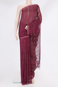 Pure Silk Maroon Tussar Saree with Embroidery on the body and Without Border.  displayed on a mannequin