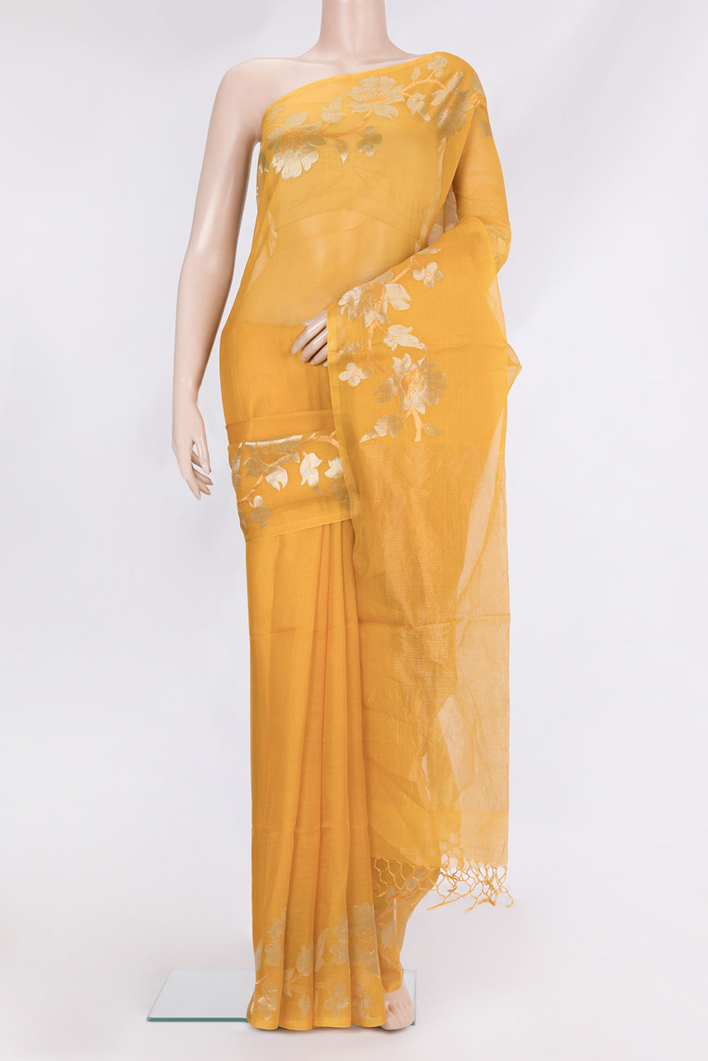 Pure Silk Mustard Dual Tone Tussar Saree with Plain Body and Fancy Border.  displayed on a mannequin