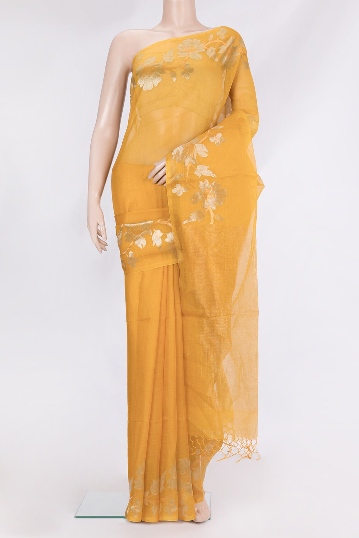 Pure Silk Mustard Dual Tone Tussar Saree with Plain Body and Fancy Border.  displayed on a mannequin