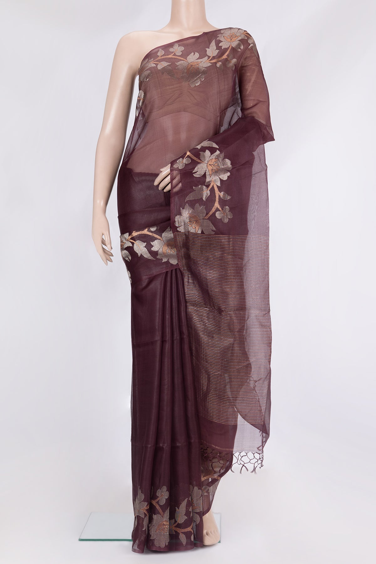 Pure Silk Burgundy Dual Tone Tussar Saree with Plain Body and Fancy Border.  displayed on a mannequin